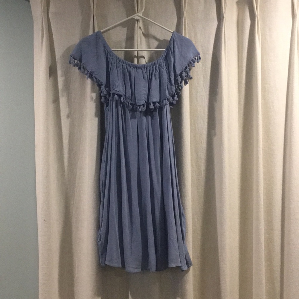 Grey-blue off the shoulder dress